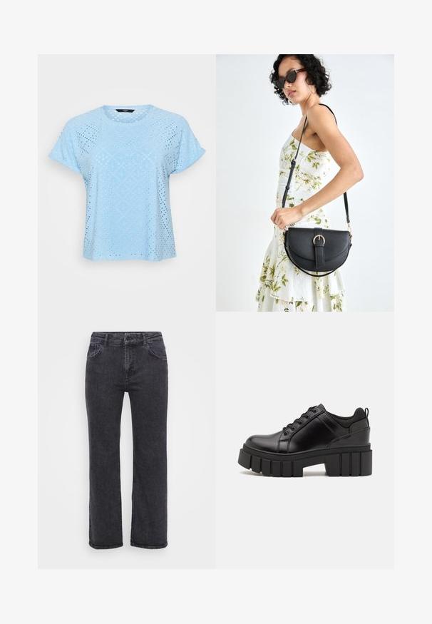 Šviesiai mėlynas trumpomis rankovėmis viršus, pasižymintis tekstūriniu audiniu su deimantu ir apvalių išpjovų, sukuriantis pralaidų dizainą.; Juodi džinsai su tiesiomis kojomis, penkiais kišenėmis ir mygtukų uždarymu. Medžiaga šiek tiek nublukusi ir tvirtais siūlais.; Juodi odiniai platformos batai su masyviu blokuota kulniuku, apvalia nosimi ir tradiciniu šnypštimo dizainu. Turintys glotnų paviršių ir minimalų dekoravimą.; Juodas odinis krepšys su išlenkta forma, nuimamu dirželiu ir auksiniais detalėmis. Krepšys turi kilpą su sagtimi.