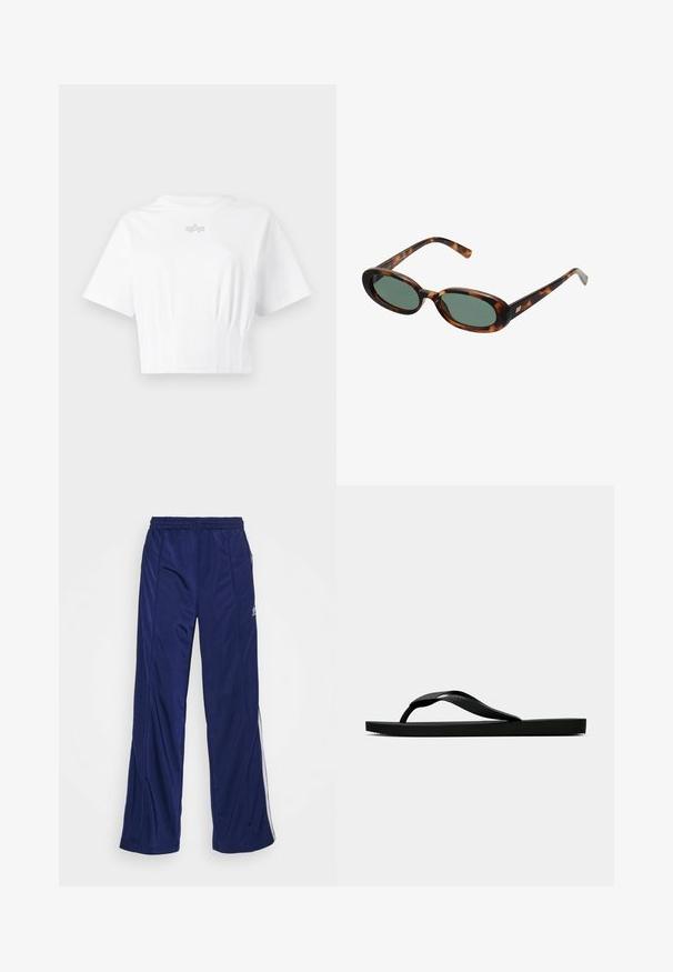 Camisola curta branca feita de tecido macio, com mangas curtas, decote redondo e um logótipo prateado discreto no peito.; Calças atléticas azul-marinho com cintura elástica, pernas retas e zíperes laterais. Apresentam detalhes em branco ao longo dos lados. Tecido com textura suave.; Chinelo de borracha preta com uma tira texturada e sola plana simples, mostrado de lado num fundo claro.; Óculos de sol de tartaruga com armações ovais e lentes verdes. Caracterizam-se por hastes finas com um destaque metálico perto das dobradiças.