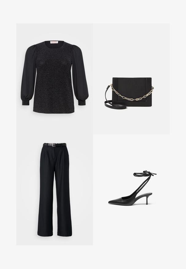 Fekete felső fényes, texturált mellrésszel, kerek nyakkivágással és hosszú puffos ujjakkal, amelyek szűkítő gallérral záródnak.; Fekete, bő szárú nadrág sima anyagból, elől redőzött kialakítással és egy azonos színű, ezüstcsatos fekete övvel.; Fekete bőrszárú stiletto cipő hegyes orral, nyitott hátsó résszel és masnira köthető bokapántokkal. Karcsú, 3 hüvelykes sarok. Simább textúrájú, minimalista dizájn.; Fekete bőr keresztpántos táska, sima textúrával, téglalap alakú és fém lánc részlettel az elején. Állítható pánttal ellátva.