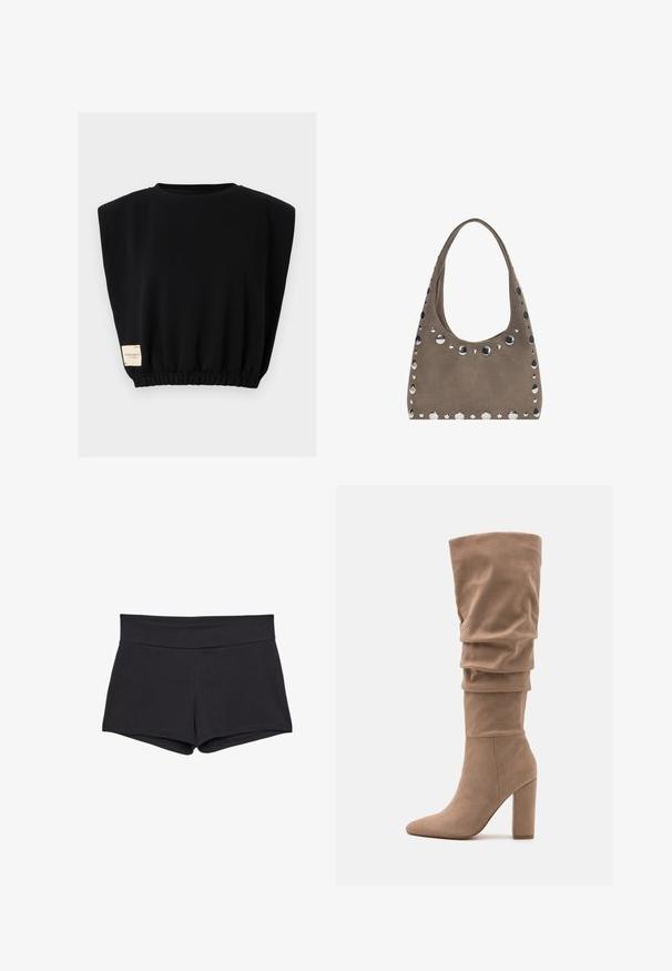 Sort kortærmet sweatshirt med en afslappet pasform, elastisk kant og et mærke på venstre side. Fremstillet af blødt, komfortabelt stof.; Sorte, tætsiddende shorts med en bred linning, lavet af et blødt, strækbart stof. Kanten er glat uden synlige lukninger eller mønstre.; Anna Field Høje støvler/ Støvler - beige; PULL&BEAR SHOPPER - Shopping bags - grey