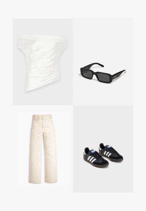 Weißes schulterfreies Oberteil aus glattem Satinstoff, mit drapierter, strukturierter Gestaltung und asymmetrischem Saum.; Beige weite Jeans aus Baumwoll-Denim. Merkmale umfassen eine hohe Taille, Knopfverschluss und Fünf-Taschen-Design. Glatte, langlebige Textur.; Schwarze Sneaker mit einem Obermaterial aus Wildleder und Synthetik, ausgestattet mit drei weißen Streifen, einer strukturierten Gummi-Sohle und einem blauen Logo-Tag auf der Zunge.; Arnette THEKIDD UNISEX - Sonnenbrille - black