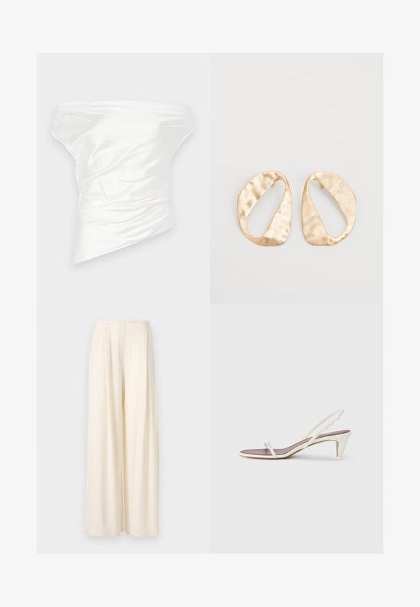 White off-the-shoulder top made of smooth satin fabric, featuring draped, structured design with an asymmetrical hemline.; Norma Kamali MENS PLEAT - Trousers - cream; White slingback sandals with a slight heel, thin straps, and a smooth leather texture; features a small decorative buckle.; Pair of irregular oval-shaped gold-toned metal earrings with a textured, slightly hammered surface on a white background.