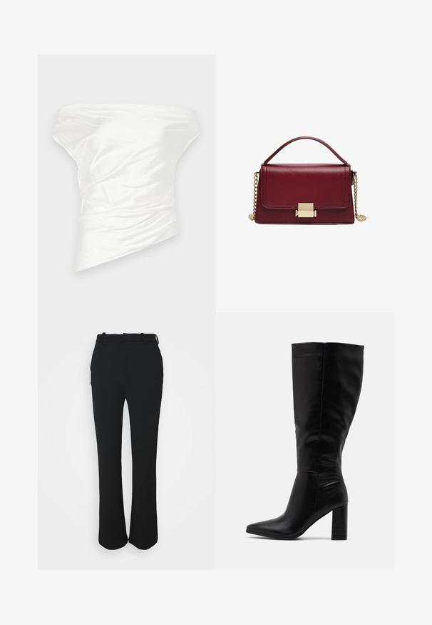 Hvid off-the-shoulder top lavet af glat satin stof, med draperet, struktureret design og en asymmetrisk kant.; Sorte skræddersyede bukser med en glat finish, lige ben design og en taljeelastik. Har diskrete stikninger og ingen lommer.; RAID JORDANN - Højhælede støvler - black; Marron læderhåndtaske med struktureret design, guldhardware-lås og en aftagelig kædetras. Glat tekstur og rektangulær form.