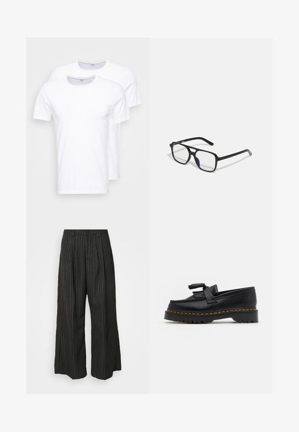 White cotton t-shirts in a pack of two. Round neckline, short sleeves, and a smooth texture. No patterns or graphics present.; Black pinstriped wide-leg trousers with pleats, featuring a tailored design and a soft texture. No visible hardware or accents.; Black leather loafer with a tasseled accent, featuring a chunky black sole and yellow stitching along the edge. Textured finish.; Black rectangular glasses with clear lenses and a subtle purple tint, featuring sleek arms and a minimalist design.