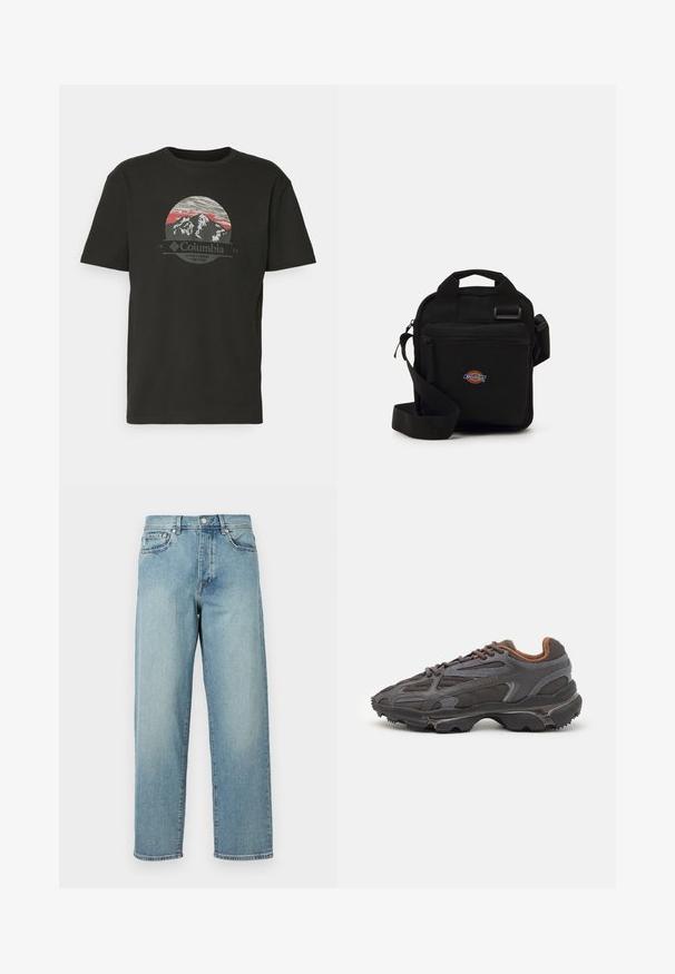 Columbia PATH LAKE™ GRAPHIC TEE - Print T-shirt - black; Light blue denim jeans with a loose fit, straight legs, five-pocket design, and a button closure at the waist. Minimalistic stitching detail.; Lacoste sneakers in dark gray with mesh and synthetic material, featuring a textured sole and brown accents on the collar and branding.; Black crossbody bag with a zippered pocket, rectangular shape, made of fabric, featuring a logo patch on the front, adjustable shoulder strap.