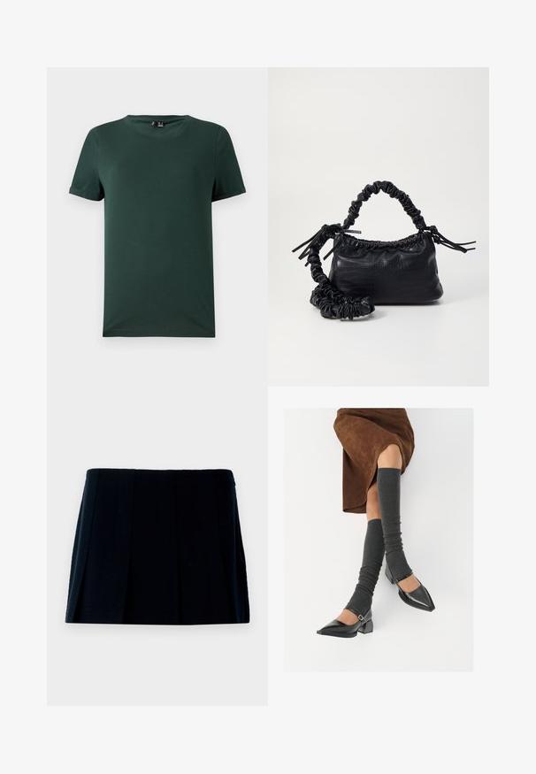 Tricou scurt cu mânecă scurtă, de culoare verde închis, cu guler rotund, confecționat dintr-un material moale și neted. Prezintă manșete răsucite și o croială relaxată.; Fustă mini plisată neagră din material. Are un tiv drept și multiple pliuri verticale pentru formă și textură.; Pantofi negri din piele lacuită, cu vârful ascuțit, toc bloc și curea la glezna, asortați cu jambiere gri cu nervuri și o fustă din suede maro.; Geantă din faux leather neagră cu textură de crocodil, cu partea superioară strânsă și o curea mototolită. Pare moale și compactă ca design.