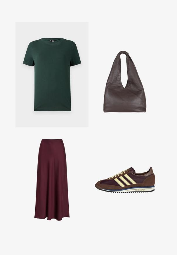T-shirt a maniche corte di colore verde scuro con colletto a girocollo, realizzato in un tessuto morbido e liscio. Presenta orli arrotolati e una vestibilità rilassata.; Gonna maxi in satin bordeaux con una texture liscia, vita alta e una silhouette fluida che si allarga delicatamente verso l'orlo.; Sneaker marrone e bordeaux realizzato in materiali scamosciati e in rete, caratterizzato da tre strisce color crema, tessuto testurizzato sulla linguetta e suola in gomma.; Borsa in pelle marrone con un design morbido e oversize. Presenta un manico ad anello e un'apertura a V profonda per un accesso facile. Texture morbida, stile minimalista.