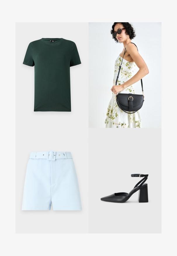Tamsiai žalia trumpomis rankovėmis marškinėliai su apvaliu kaklu, pagaminti iš minkštos, lygaus audinio. Yra su sukamu rankovių kraštu ir laisvu pasiuvimu.; Šviesiai mėlyni šortai su diržu, kuriuose yra kvadratinis sagtis ir metaliniai akcentai. Lygus audinys, pritaikytas siluetas ir klostuota priekis.; Juoda odinė smailiagalė aukštakulnio bateliai su kulkšnies dirželiu ir storu kulnu. Lygus paviršius, elegantiškas dizainas ir minimalistiška estetinė. ; Juodas odinis krepšys su išlenkta forma, nuimamu dirželiu ir auksiniais detalėmis. Krepšys turi kilpą su sagtimi.