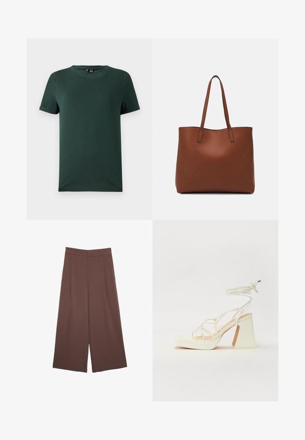 Tmavě zelené tričko s krátkým rukávem a kulatým výstřihem, vyrobené z měkké, hladké látky. Obsahuje ohrnované manžety a volný střih.; Hnědé široké kalhoty s hladkou texturou, vysokým pasem a předními záhyby. Materiál je lehký a volně splývá.; Bílé sandály na vysokém podpatku s robustním podpatkem, s designem s pásky a zavazováním kolem kotníku. Hladký povrch s platformou vpředu pro zvýšení výšky.; Hnědá kožená taška přes rameno s hladkou texturou, otevřeným designem a dvěma ramenními popruhy. Obsahuje minimální švy a žádné viditelné kovové prvky.