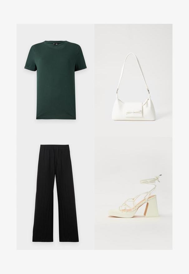 T-shirt de manga curta verde escuro com decote em crew, feito de um tecido suave e liso. Apresenta punhos enrolados e um corte descontraído.; Calças pretas de perna larga feitas de tecido de algodão. Apresentam uma cintura elástica e um acabamento liso e texturizado. Sem padrões ou detalhes visíveis.; Sandálias brancas de salto alto com um salto robusto, apresentando um design com tiras e amarração no tornozelo. Textura suave com uma plataforma na frente para altura adicional.; Mala sintética branca com formato triangular, aba frontal plana e detalhe de laço, alça ajustável, textura suave e design minimalista.