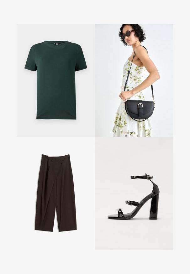 Dark green short-sleeve t-shirt with a crew neck, made from a soft, smooth fabric. Features rolled cuffs and a relaxed fit.; Dark brown wide-leg trousers with a high waist, featuring a single button closure and a pleated front. Made from lightweight fabric.; Black patent high-heeled sandals with two buckle straps, square toe, and a chunky block heel, featuring a smooth, glossy texture.; Black leather handbag with a curved shape, detachable strap, and gold hardware. The bag features a flap with a buckle detail.