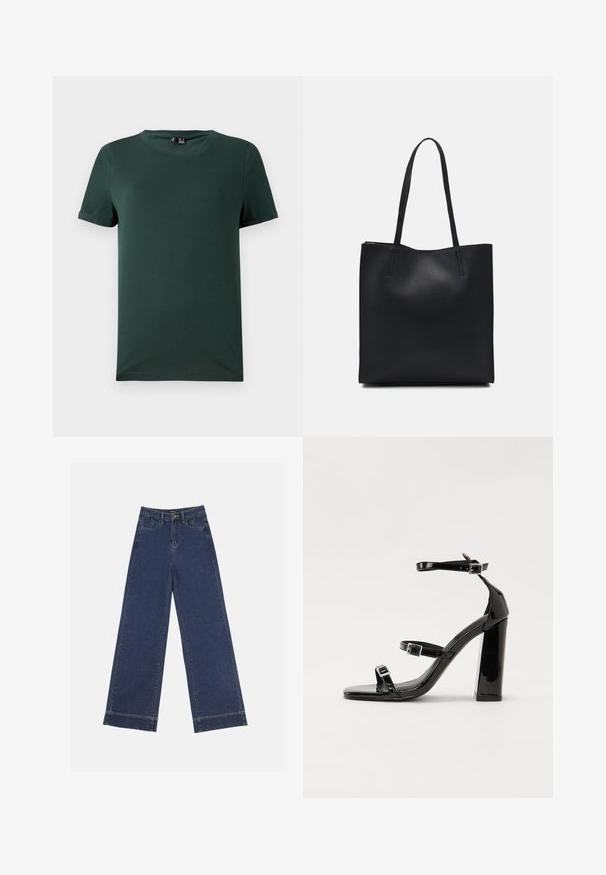 Mørkegrønn t-skjorte med korte ermer og rund hals, laget av et mykt og glatt stoff. Har rullet mansjetter og en avslappet passform.; Videbenede dressbukser i mørkeblå denim. Har fem lommer, beltestropper og en rå kant i bunden med synlige stikninger.; Svarte høyhælte sandaler i lakk med to spennestraps, firkantet tå og en tykk blokkhæl, med en glatt, blank tekstur.; Svart lær tote bag med glatt tekstur, rektangulær form og to lange håndtak. Ingen synlige deler eller dekorasjoner.