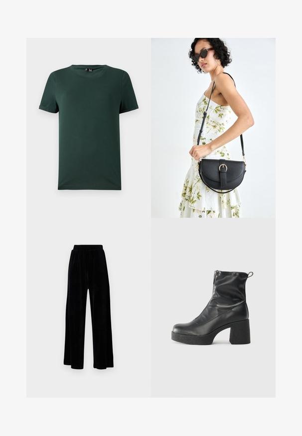 Tmavozelené tričko s krátkym rukávom a okrúhlym výstrihom, vyrobené z mäkkej, hladkej látky. Obsahuje Rolované manžety a voľný strih.; Čierne široké nohavice zo soft velvetu, s elastickým pásom a hladkou textúrou, bez viditeľných detailov alebo vzorov.; Čierne členkové topánky z hladkej kože, so bočným zipsom, robustnou textúrovanou pätnou časťou a zaobleným dizajnom špičky.; Čierna kožená kabelka s zaobleným tvarom, odnímateľným popruhom a zlatými doplnkami. Kabelka má klopu s detailom s prackou.