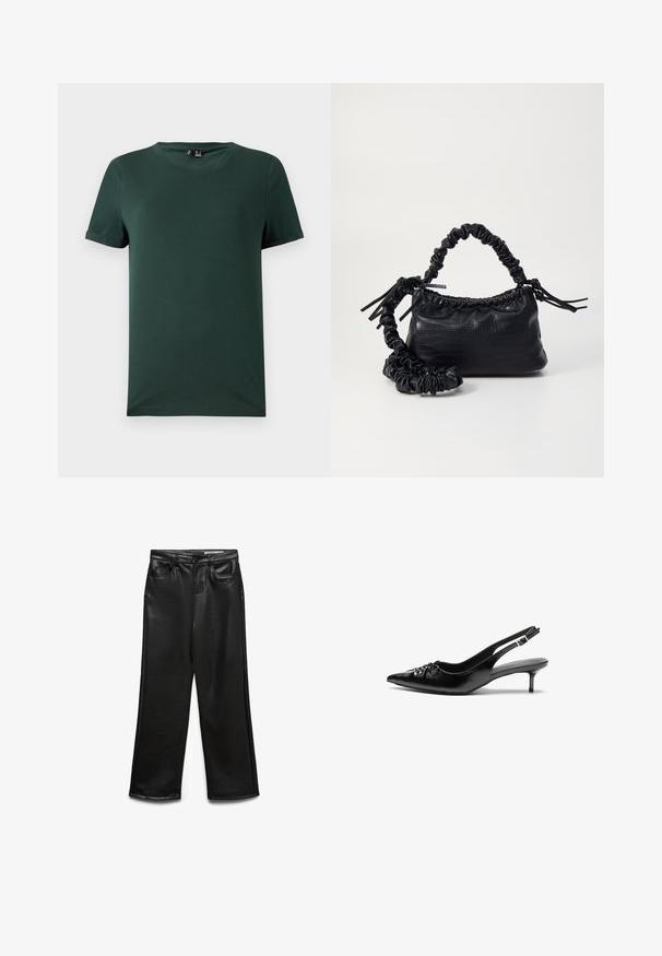 Mørkegrøn kortærmet t-shirt med rund hals, lavet af et blødt, glat stof. Har optrukne ærmer og en afslappet pasform.; Sorte bukser i bred benvidde lavet af kunstlæder med frontlommer, bæltestropper og en diskret glans. Glat tekstur og skræddersyet pasform.; Sorte læderslippers med spidse tæer, lille kitten hæl og en dekorativ knude detalje foran. Glat tekstur hele vejen rundt.; Sort kunstlæder håndtaske med krokodilteksur, indsnøret top og en sammenkrøben rem. Ser blød og kompakt ud i designet.