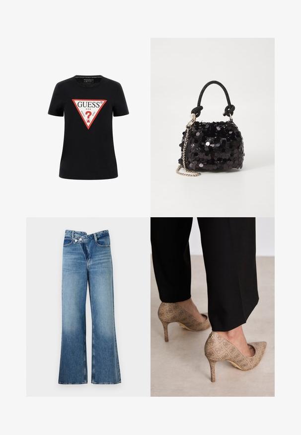 Melna kokvilnas T-kreklu ar īsām piedurknēm, kas rotāta ar sarkanu trīsstūra grafisko logo ar uzrakstu "GUESS® U.S.A." un jautājuma zīmes dizainu.; Gai zils džinsu auduma bikses ar platām kājām un augstu vidukli, kurām ir divi pogas un priekšējās kabatas. Audumam ir izbalējusi tekstūra ar smalkām variācijām.; Bežīgas augstpapēžu kurpes ar teksturētu audumu, kas rotāts ar atkārtotu rakstu. Norādītā pirksta dizains ar aizmugurējo akcentu un zelta papēža detaļām.; Melna spīguļota mini rokas soma ar mezglotu teksturētu siksniņu un sudraba ķēdi. Apaļa forma ar sakopotām malām un atstarojumu detaļām.