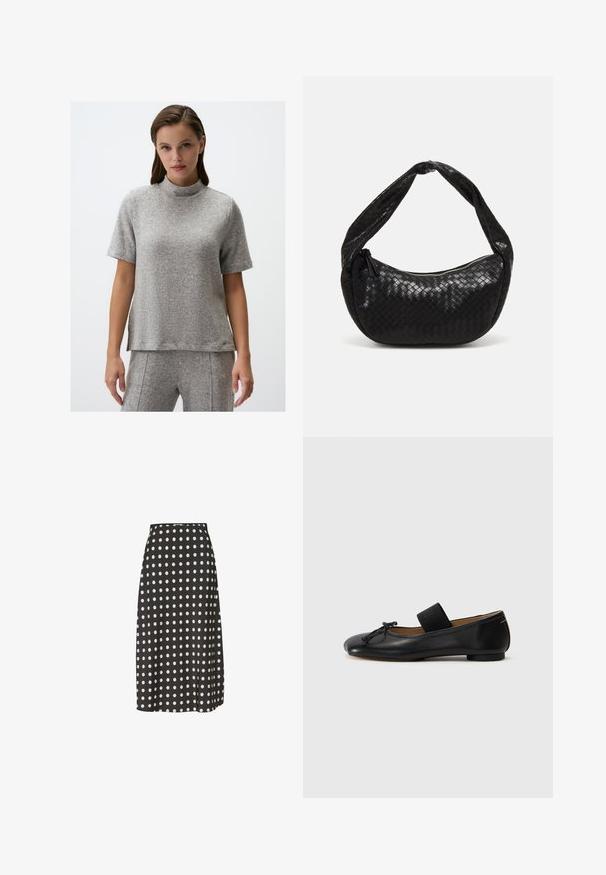 Grauer, kurzärmeliger Oberteil aus strukturiertem Stoff mit hohem Kragen; hat einen lockeren Schnitt und subtile seitliche Schlitze am Saum.; Schwarzer Midirock mit weißen Punkten, aus einem glatten Stoff gefertigt. Verfügt über eine taillierte Passform und einen leichten Seitenschlitz für Bewegungsfreiheit.; Schwarze Ballerinas aus Leder mit einer abgerundeten Spitze, einem kleinen Knotendetail und einem elastischen Riemen über dem Spann für einen sicheren Sitz. Flache Sohle.; Schwarze geflochtene Ledertasche mit einer geschwungenen Form, ausgestattet mit einem dicken Griff und einem Reißverschlussverschluss. Texturierte Oberfläche mit glänzender Optik.