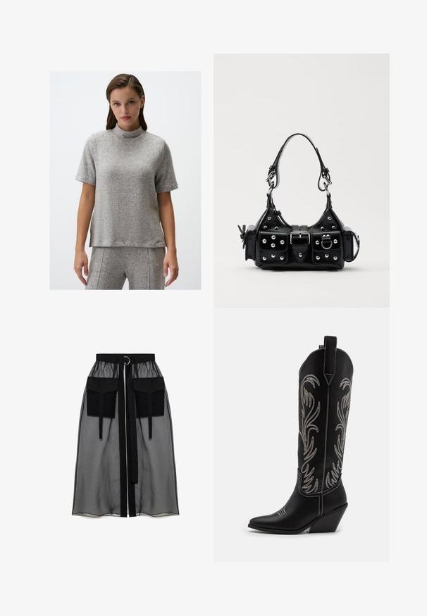 Gray, short-sleeved top made of a textured fabric with a high neck; features a relaxed fit and subtle side slits at the hem.; Black sheer skirt with a gathered waistband, featuring two large front pockets, a waist tie, and a circular metal accent.; Black leather cowboy boots with pointed toes, wedge heels, and silver embroidered floral patterns along the shaft. Contrast stitching throughout.; Black leather handbag with a curved design, featuring silver studs, a buckle, and two side pockets. Adjustable strap for carrying options.