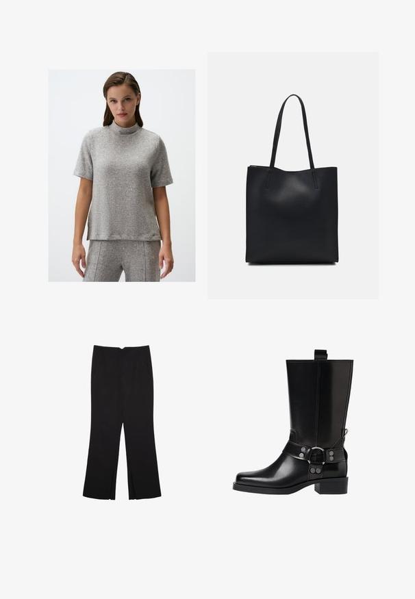 Grauer, kurzärmeliger Oberteil aus strukturiertem Stoff mit hohem Kragen; hat einen lockeren Schnitt und subtile seitliche Schlitze am Saum.; Schwarze Hose mit geradem Schnitt, ausgestattet mit Fronttaschen und Seitenschlitzen am Saum. Hergestellt aus weichem, glattem Stoff. Geeignet für verschiedene Anlässe.; Schwarze Lederstiefel bis zum Knie mit spitzer Zehenform, silbernen Schnallenakzenten und einem klobigen Absatz. Verfügt über eine Zuglasche für einfaches Anziehen.; Schwarze Laptoptasche aus Leder mit glatter Textur, rechteckiger Form und zwei langen Griffen. Keine sichtbaren Beschläge oder Verzierungen.