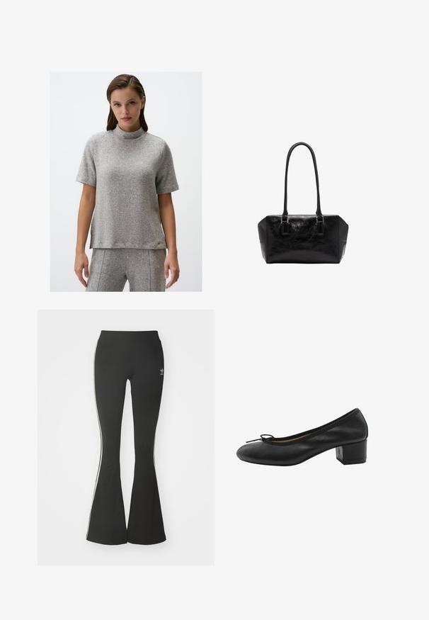 Grauer, kurzärmeliger Oberteil aus strukturiertem Stoff mit hohem Kragen; hat einen lockeren Schnitt und subtile seitliche Schlitze am Saum.; Schwarze ausgestellte Leggings aus Stretchmaterial mit hohem Bund und weißen Seitenstreifen. Inklusive kleinem Logo am Bund.; Schwarze Lederpumpe mit runder Zehenpartie, kleinem Schleifendetail an der Vorderseite und quadratischem Blockabsatz. Glatte Textur mit minimalen Designelementen.; Schwarze Lederhandtasche mit einer strukturierten Oberfläche, rechteckiger Form, doppelten Griffen und metallischen Hardware-Akzenten. Verfügt über strukturierte Seiten und einen glatten Boden.; Zign Armband - silver-coloured
