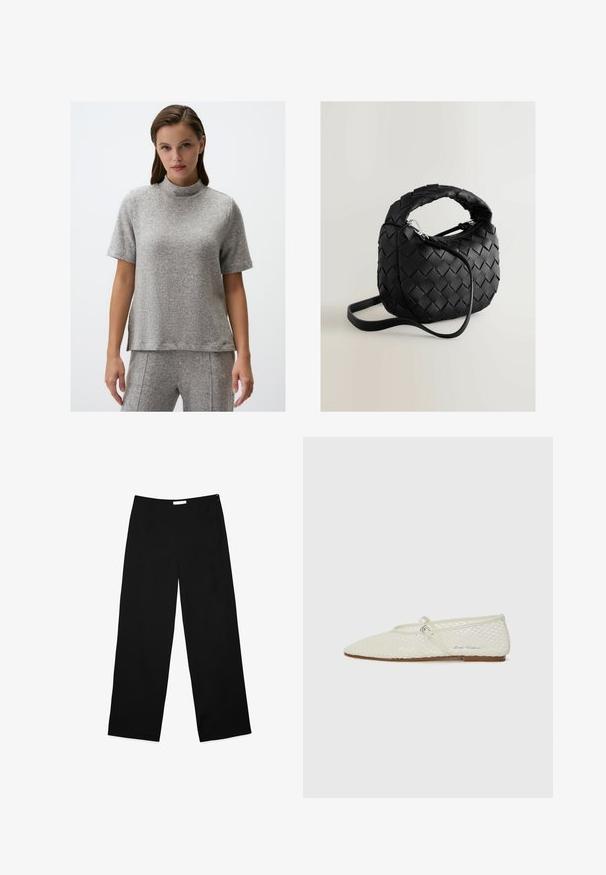 Grijze, korte mouwen top gemaakt van een gestructureerde stof met een hoge hals; heeft een ontspannen pasvorm en subtiele zijsplitsingen aan de zoom.; Wijdere broek in zwarte stof, met een gladde textuur, strak ontwerp en een discrete zijrits als sluiting.; Crème-kleurige mesh balletschoen met een spitse neus en verstelbare band. Heeft een textuur bovenkant en een platte, brown zool.; Zwarte geweven leren tas met een ronde vorm, meerdere gevlochten handvatten, een ritssluiting en een verstelbare schouderriem. Getextureerd oppervlak.