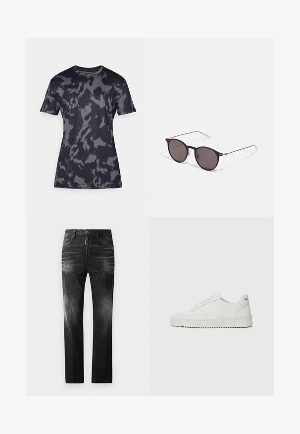 Gray camouflage short-sleeve t-shirt made of smooth, lightweight fabric; features a crew neck and subtle branding on the front.; Black denim jeans with a straight fit. Features faded areas, minor distressing, classic five-pocket design, and a button closure.; White leather sneaker with a smooth finish, round toe, flat laces, and a textured sole. Features a subtle logo on the heel.; Black round sunglasses with dark lenses and slim metal arms. Includes clear temple tips and silver accents at the hinge. Minimalist design.
