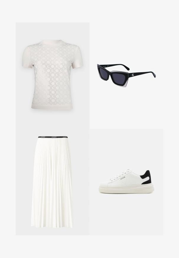 Gaiši bežs īsu piedurkņu krekls ar ģeometrisku rakstu un izgriezumiem, gluda tekstūra un apaļa kakla izgriezums.; Gari plānas baltas svārku ar melnu elastīgu jostu, uz kuras redzams "LACOSTE" logo. Vidēja garuma dizains ar mīkstu tekstūru.; Baltas ādas sporta apavi ar biezu balto zoli, melna zamša uzpura un izspiestais logotips sānos. Šņorējuma dizains ar sešiem acu caurumiem.; Melni pārmēru saulesbrilles ar ģeometrisku formu, kas aprīkotas ar tumšiem stikliem un kontrastējošu pelēku akcentu uz rāmja. Logo uz kājas.