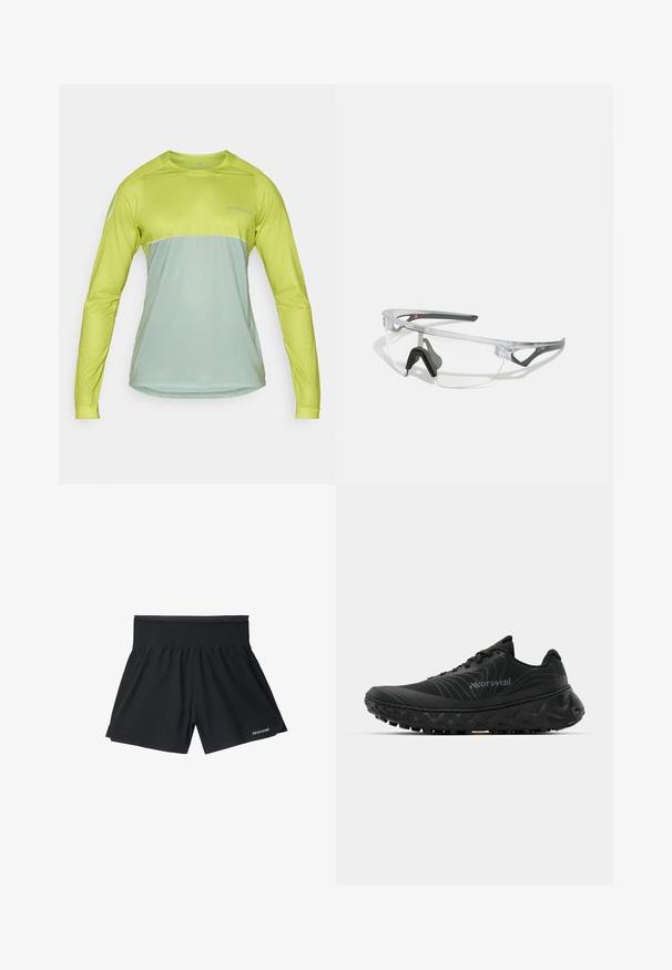 Dlhý rukáv športovej košele v jasne limetkovej a tlmenej mentolovej farbe, s okrúhlym výstrihom a ľahkým, priedušným materiálom.; Čierne športové šortky s širokým elastickým pásom, vo voľnom strihu a s nenápadným brandingom na dolnej ľavej strane. Hladká textúra.; Čierne športové topánky s textúrovaným zvrškom, zosilnenou pätou, zakrivenou podrážkou a agresívnym vzorom podrážky na trakciu. Výrazný vlnitý dizajn.; Priehľadné bezpečnostné okuliare s ľahkým, transparentným rámom a sivými akcentmi. Majú obopínajúci dizajn a nastaviteľný nosník.