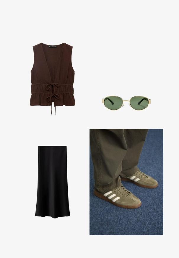 Top marrone senza maniche realizzato in tessuto testurizzato, con scollatura a V profonda, vita aderente con fiocco e orlo arricciato.; Gonna midi nera realizzata in tessuto liscio e leggero. Presenta una linea dritta, senza componenti visibili e un design semplice senza fantasie.; Sneaker in suede verde con tre strisce bianche, suola in gomma marrone e lacci texturizzati, abbinati a pantaloni verde oliva su un tappeto blu.; Occhiali da sole con montatura dorata e lenti verdi, forma ovale, stanghette nere e naselli trasparenti. Design pulito e minimalista.; Borsa a tracolla verde oliva con doppie maniglie, texture liscia e accento di logo metallico. Forma arrotondata con pannelli laterali; abbinata a pantaloni blu.