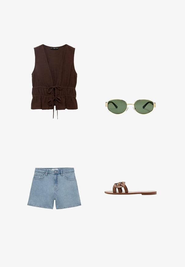 Braunes, ärmelloses Oberteil aus strukturiertem Stoff, mit tiefem V-Ausschnitt, taillierter Taille mit Bindegürtel und gerafftem Saum.; Hellblaue Jeansshorts mit hoher Taille, vier Taschen und Knopfverschluss. Sie verfügen über einen klassischen geraden Schnitt und einen fransigen Saum.; Braune flache Sandalen aus synthetischem Material mit einem geflochtenen Riemendesign und einer glatten, flachen Sohle. Ohne Absatz, minimalistischer Stil.; Sonnenbrille mit goldfarbenem Metallrahmen, grünen getönten Gläsern, ovaler Form, schwarzen Bügeln und klaren Nasenpads. Sauberes, minimalistisches Design.; Braune Stoffschultertasche mit einem breiten, runden Körper und einem großen Ausschnittgriff. Sanfte Textur, minimalistisches Design und keine sichtbaren Beschläge.