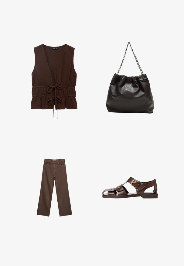 Brun, ärmlös topp gjord av texturerad tyg, med en djup V-ringning, indragen midja med ett knytband och en volangkant.; Breda bruna jeans i denim med hög midja, framfickor och klassisk knäppning. Slät textur med subtil sömnad.; Bruna lädersandaler med utskärning, justerbar sidspänne och platt sula, samt metallaccenter och öppen tå.; Brun läderväska med rynkad topp och kedjesnodd. Slät textur med en blankslipad yta och subtila sömdetaljer på sidorna.