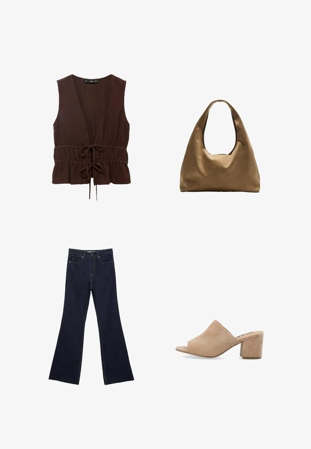 Hnedý bezrukávový top vyrobený z textúrovanej tkaniny, ktorý má hlboký výstrih do V, zúžený pás s viazaním a volánový lem.; Tmavomodré denimové nohavice s rozšírenými nohavicami, ktoré majú štandardný dizajn s piatimi vreckami a viditeľným stehom. Tkanina má hladkú textúru s minimálnym blednutím.; Mokasíny z béžového semišu s otvorenou špičkou a blokovým podpätkom, ktoré majú hladkú textúru a široký dizajn vrchnej časti. Žiadne viditeľné kovania ani vzory.; Hnedá látková taška cez rameno s širokým, zaobleným telom a veľkým vyrezaným uchom. Mäkčená textúra, minimalistický dizajn a bez viditeľného kovania.