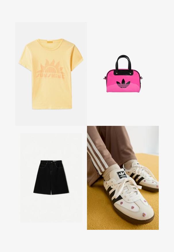 Keltainen puuvillapaita, jossa on pyöreä kaula-aukko ja lyhyet hihat. Paidassa on auringon grafiikka ja "SUNSHINE STATE OF MIND" -teksti vaalean oranssilla.; Mustat farkkushortsit, joissa on väljä malli, viisi taskua, keltaiset tikkauskoristeet ja keskipitkä vyötärödesign.; Valkoiset nahkasneakerit, joissa on kolme mustaa raitaa ja kukkakirjontaa violetilla ja keltaisella. Ruskea kumipohja. Yhdistetty vaaleanruskeisiin ribattuihin sukkiin.; Vaaleanpunainen lakattu käsilaukku, jossa on musta logo ja kahvat, pyöreä muoto ja vetoketjusuljin. Kiiltävä pinta parantaa näkyvyyttä.