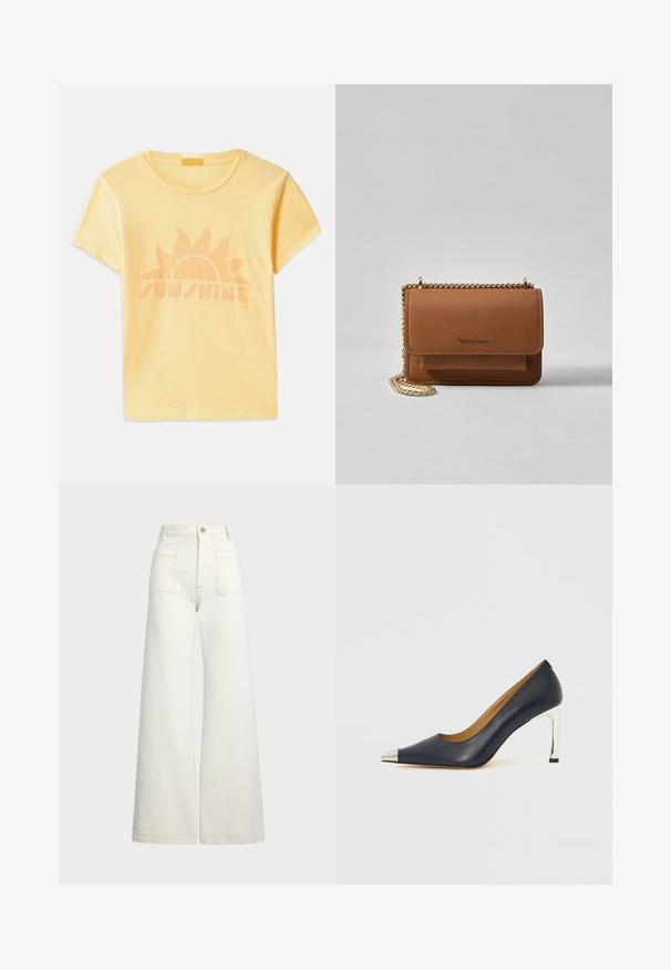Gul bomull t-shirt med rund halsringning och korta ärmar, prydd med en solgrafik och texten "SUNSHINE STATE OF MIND" i ljus orange.; Vida jeans i off-white denim. Hög midja med knappstängning, två framfickor och kontrastsömnadsdetaljer.; Mörkblå högklackad lädersko med spetsig tå, som har en silverfärgad metallhätta och en glänsande silverstiletto-häl.; Brun texturerad läder crossbody-väska med guldkedja och klaffstängning. Framsidan har logotypdetalj och en ficka under klaffen.