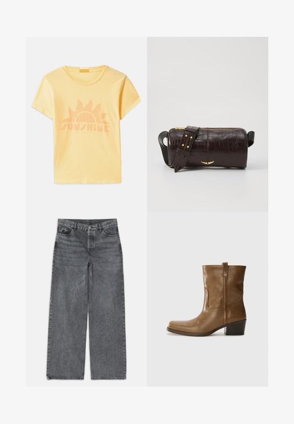 T-shirt de algodão amarelo com decote redondo e mangas curtas, apresentando um gráfico de sol e o texto "ESTADO DE ESPÍRITO DO SOL" em laranja claro.; Calças de ganga largas em denim cinza escuro. Apresentam uma cintura alta, design de cinco bolsos e fecho frontal por botão. Textura suave com um leve desbotado.; Bota de tornozelo em couro castanho com bico quadrado, acabamento texturizado e salto baixo em camadas. Apresenta uma alça na parte de trás e detalhes de costura discretos.; Bolsa de couro com textura de crocodilo na cor marrom, com forma cilíndrica, metalizações em tom dourado e uma alça destacável com tachas.