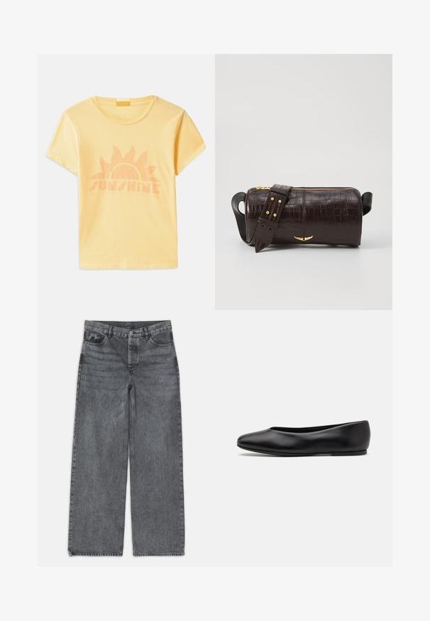 Camiseta de algodón amarilla con cuello redondo y mangas cortas, que presenta un gráfico del sol y el texto "ESTADO DE MENTE DE SOL" en naranja claro.; Jeans de pierna ancha en denim gris oscuro. Presentan una cintura alta, diseño de cinco bolsillos y cierre delantero de botón. Textura suave con un sutil desgastado.; Paul Smith TOPANGA - Bailarinas - black; Bolso de cuero marrón con estampado de cocodrilo, de forma cilíndrica, con herrajes en tono dorado y una correa desmontable con tachuelas.