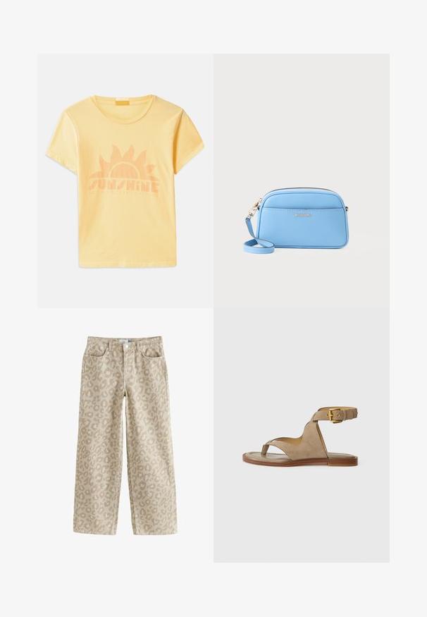 Camiseta de algodón amarilla con cuello redondo y mangas cortas, que presenta un gráfico del sol y el texto "ESTADO DE MENTE DE SOL" en naranja claro.; Jeans beige de pierna ancha con un sutil estampado de leopardo, hechos de algodón con una textura suave, con bolsillos frontales y cierre de botón en la cinturilla.; Sandalia de ante beige con un lazo para los dedos, lados abiertos y una amplia correa en el tobillo con una hebilla dorada. Suela plana marrón con un ligero borde.; Bolso cruzado de cuero azul claro con herrajes en tono dorado, cierre de cremallera y un bolsillo frontal. cuenta con una correa ajustable para mayor comodidad.