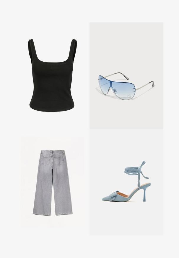 Black sleeveless top with a square neckline. Made from smooth, stretchy fabric. Fitted design with no visible patterns or accents.; Bershka WIDE-LEG - Wide Leg - grey; Pointed-toe high heel shoe in light blue fabric with a textured finish, featuring a bow accent and ankle strap for secure fit.; Aviator sunglasses featuring a gradient blue lens, silver metal frame, and decorative star accents on the lens. Smooth and sleek design.
