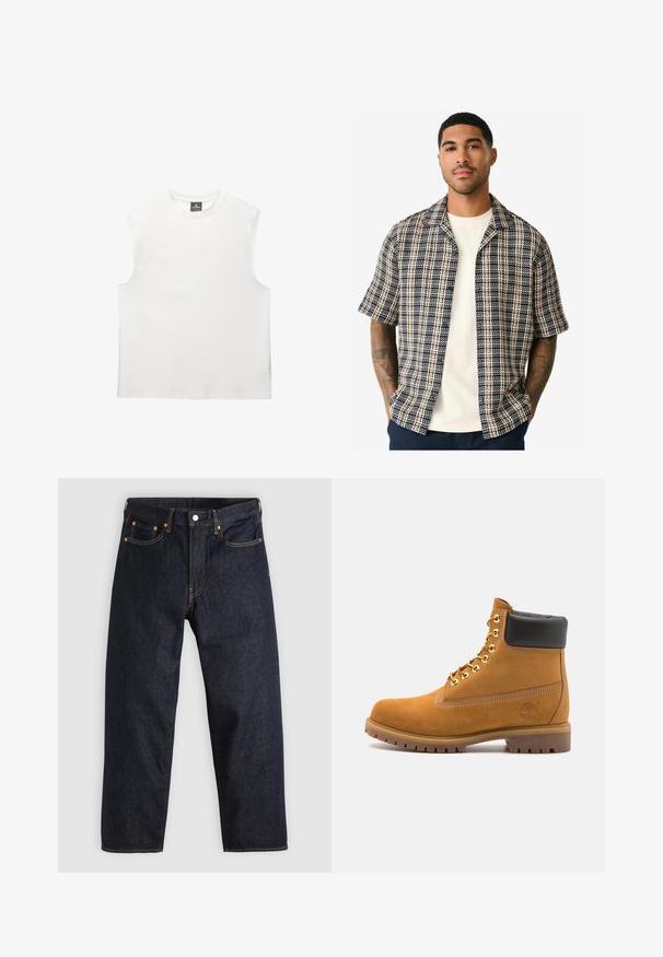 Bílý bezrukávový top s kulatým výstřihem, vyrobený z měkké bavlněné tkaniny. Má rovný střih a čisté okraje, bez vzorů nebo akcentů.; Košile s krátkým rukávem, která má námořnický, krémový a rezavý kostkovaný vzor, vyrobená z tkané látky s uvolněným střihem a otevřeným límcem.; Tmavomodré džíny z denimu se straight střihem, pěti kapsami, kontrastním oranžovým šitím a knoflíkovým zapínáním. Žádné viditelné vzory ani ozdoby.; Hnědé semišové kotníkové boty s černým polstrovaným límcem, zlatými kovovými očky, bílým prošíváním a odolnou gumovou podrážkou s výraznými drážkami.