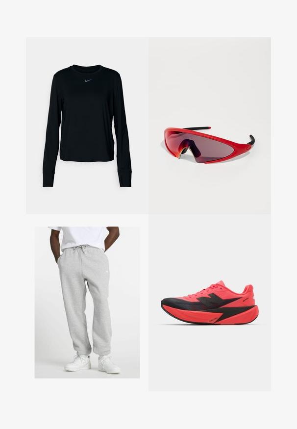 Tricou Nike cu mânecă lungă, de culoare neagră, cu guler rotund, din material moale, ajustat pe corp, având un logo reflectorizant mic pe piept.; Bărbat îmbrăcat cu pantaloni de trening gri deschis cu șnur și adidași albi, stând cu mâinile în buzunare pe un fundal alb.; Pantofii de alergare au un brâu roz aprins și accente negre. Caracteristici un design texturat, talpă ușoară și brandul FUELCELL pe lateral.; Ochelari de soare sport roșii cu un design înconjurător, lentile cu un gradient întunecat și accente negre pe bratele ochelarilor. Formă ușoară și aerodinamică.