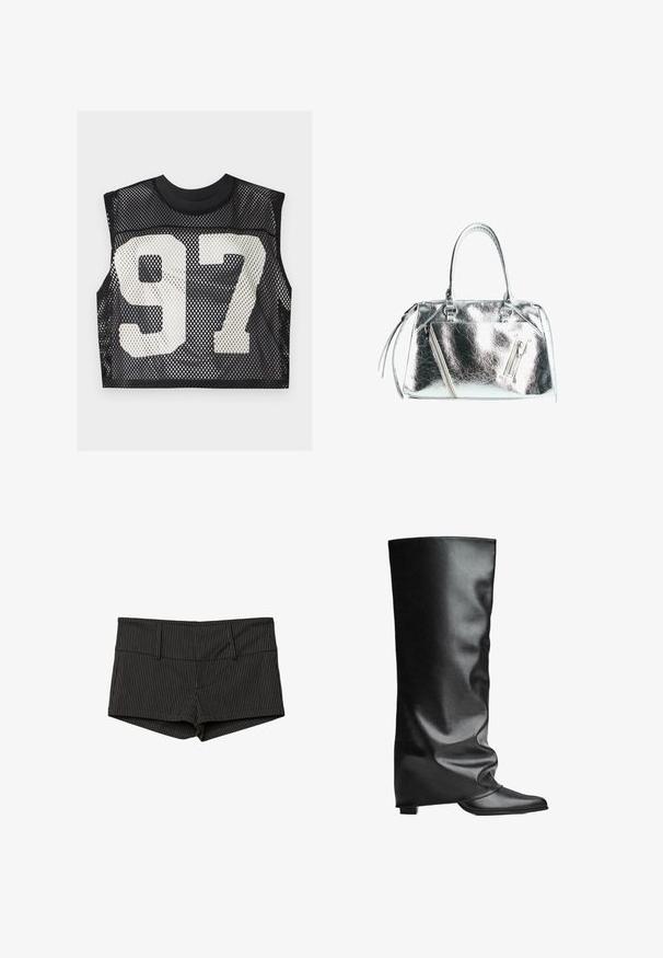 Schwarzes Mesh-Crop-Top mit ärmellosem Design und einer großen weißen bedruckten Nummer "97" auf der Vorderseite. Strukturierter, atmungsaktiver Stoff.; Weißes Spitzen-Bodysuit mit langen Ärmeln, das ein gewebtes Muster und ein tiefes Rückendesign aufweist, das bis zur hohen Beinausschnitt formt.; Schwarze und graue gestreifte Shorts mit einer figurschmeichelnden Passform, flachem Taillenbund, zwei Vordertaschen und einem Saum, der bis zur Mitte des Oberschenkels reicht.; Schwarze lederne kniehohe Stiefel mit glatter Textur, lockerer Passform, spitz zulaufender Zehenpartie und niedrigem, quadratischem Absatz. Minimalistischer Stil ohne sichtbare Beschläge.; Metallic silberne Handtasche mit strukturierter Form, zwei oberen Griffen und Reißverschlussfächern auf der Vorderseite. Glatte, glänzende Textur.