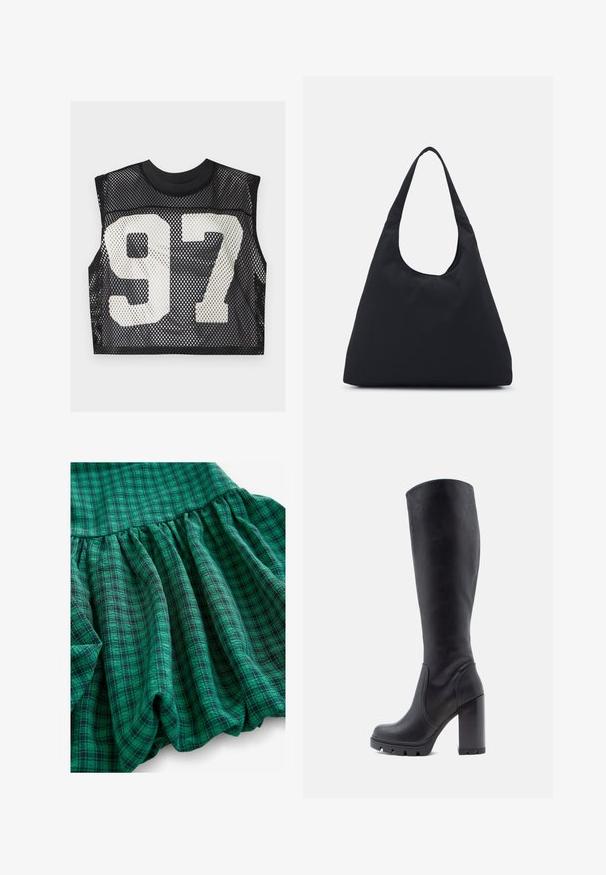 Czarny siatkowy crop top z bezrękawową konstrukcją i dużą białą nadrukowaną cyfrą "97" z przodu. Teksturowany, oddychający materiał.; Zielony materiał w kratę charakteryzuje się różnymi odcieniami, marszczonymi fakturami i falbanistym wykończeniem. Materiał wydaje się przewiewny i lekki.; Czarne kozaki do kolan, gładki materiał skórzany, masywny obcas, zaokrąglony nos, teksturowana podeszwa z przyczepnością, elegancki design bez ozdób.; Czarna torba z tkaniny z jedną szeroką rączką na ramię. Miękki, półstrukturalny kształt oraz gładka tekstura; minimalistyczny design, bez widocznych elementów metalowych.