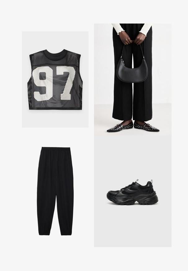 Črni mrežast krojni top z brezrokavim dizajnom in velikim belim natisnjenim številom "97" spredaj. Teksturiran, zračen material.; Črne, lahke hlače z elastičnim pasom in nabranimi gležnji. Tkanina je gladka in ima sproščen, taperiran dizajn.; Even&Odd Športni copati - black; Črna usnjena torba za ramo z zaokroženo obliko, sijajno površino in srebrnimi dodatki. Oseba nosi črne široke hlače in loaferje s konicami.