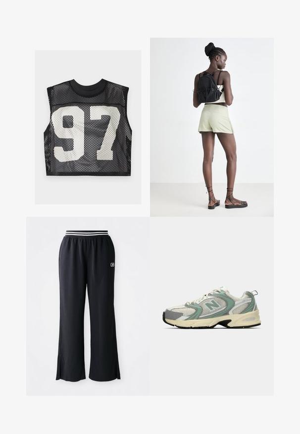 Schwarzes Mesh-Crop-Top mit ärmellosem Design und einer großen weißen bedruckten Nummer "97" auf der Vorderseite. Strukturierter, atmungsaktiver Stoff.; Schwarze Sporthosen mit weitem Beinschnitt, elastischem Bund mit schwarz-weißen Streifen und seitlichen Schlitzern am Saum.; Weiße und hellgrüne New Balance Sportsneaker aus Netzstoff, mit beigem Sohlenprofil und schwarzem Profil, seitlich auf einem schlichten Hintergrund dargestellt.; Schwarzer Zugbeutel-Rucksack, hellgrüne Shorts, beige Oberteil und schwarze Sandalen mit Riemen. Das Model posiert von hinten vor einem hellen Hintergrund.