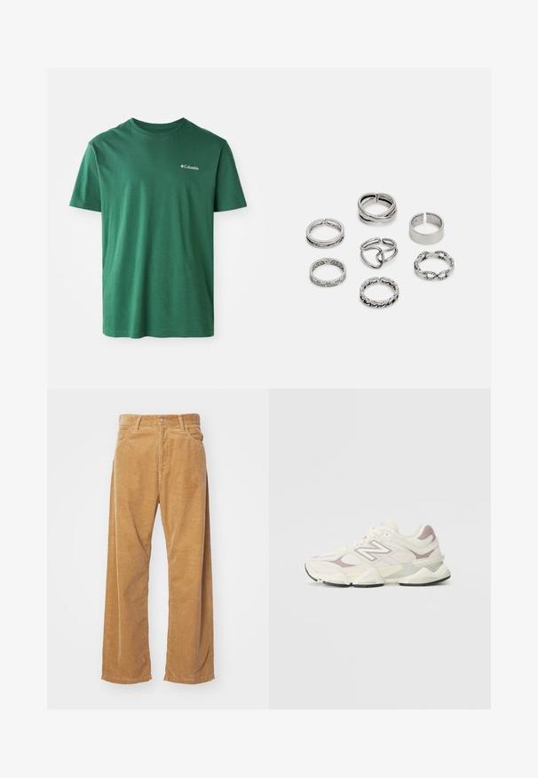Zelené bavlněné tričko s kulatým výstřihem, krátkými rukávy a malým bílým logem Columbia na hrudi. Měkká textura, ležérní design.; Bavlněné široké kalhoty z kordu v odstínu tan. Mají texturované, vertikální pruhy, standardní pas a dvě přední kapsy.; Bílé a světle šedé sportovní tenisky s textilním a syntetickým svrškem, polstrovaným límcem, strukturovanými detaily a silnou gumovou podrážkou.; Sada sedmi stříbrných prstenů s různými vzory, včetně zamotaných, propletených a rytých motivů. Různé tvary a šířky.