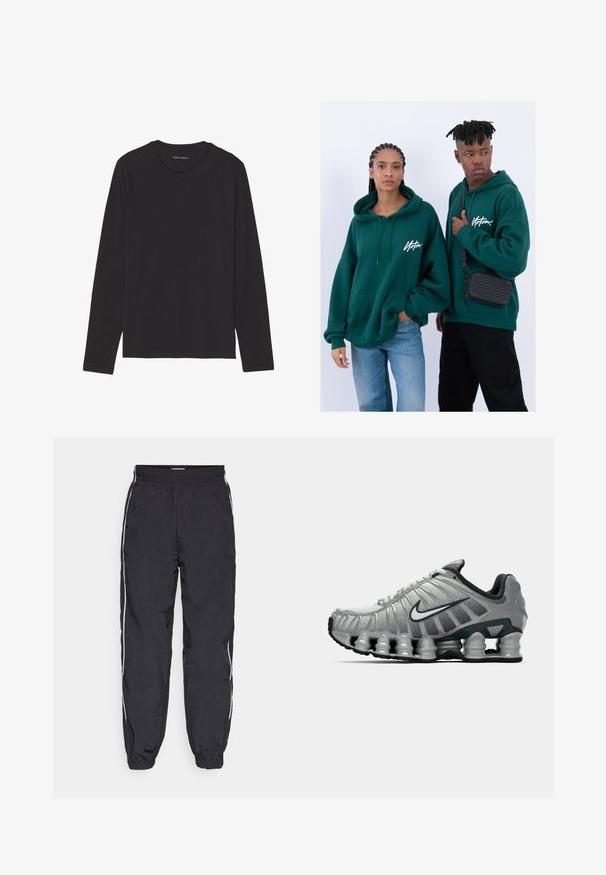 Crna dugoh rukava majica izrađena od mekog, laganog materijala. Ima okrugli izrez i ravni rub. Nema vidljivih uzoraka ili detalja.; Crne trenirka hlače od lagane tkanine, s elastičnim strukom, sužavajućim nogavicama i bijelim bočnim prugama.; Sive i crne Nike trkaće cipele s vidljivim opružnim jastučićem ispod đona i bijelim swoosh logotipom sa strane.; Zelene dukserice s kapuljačom i prednjim džepovima, slobodnog kroja. Jedan model nosi crne traperice, dok drugi nosi crnu torbu preko tijela.