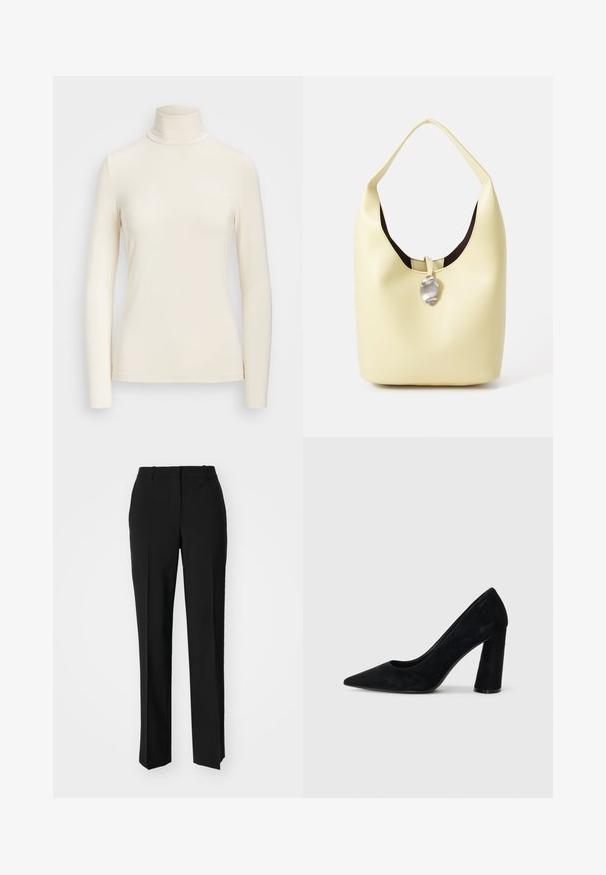 Langermet genser med høy hals i myk, kremfarget stoff. Har en tettsittende design med høy krage og sømløse ermekanter.; Sorte skreddersydde bukser med rett silhuett, med en glatt tekstur og klare pressede bretter foran. Ingen synlig maskinvare.; Sorte semskede høyhælte pumps med spiss tå og kraftig hæl. Elegant design, glatt tekstur og minimalistisk stil. Ingen synlig merking.; Hobo veske i myk gul lær med en avrundet form. Har en glatt overflate, mørk innvendig fôr og et sølvfarget detalj ved lukking.