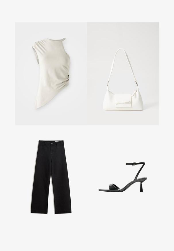 Asimetrična brezrokavnica iz svetlo bež tkanine, z okroglim izrezom in nabranimi detajli ob strani za dodatno teksturo.; Črne široke denim hlače z visokim pasom, ki imajo sprednje in zadnje žepe, šivane šive ter gumbasto zapiranje. Gladka tekstura.; Bershka Sandali z visoko peto - black; Bela sintetična torbica v obliki trikotnika, z ravnim sprednjim poklopcem in detajlom mašne, nastavljivim trakom, gladko teksturo in minimalističnim dizajnom.