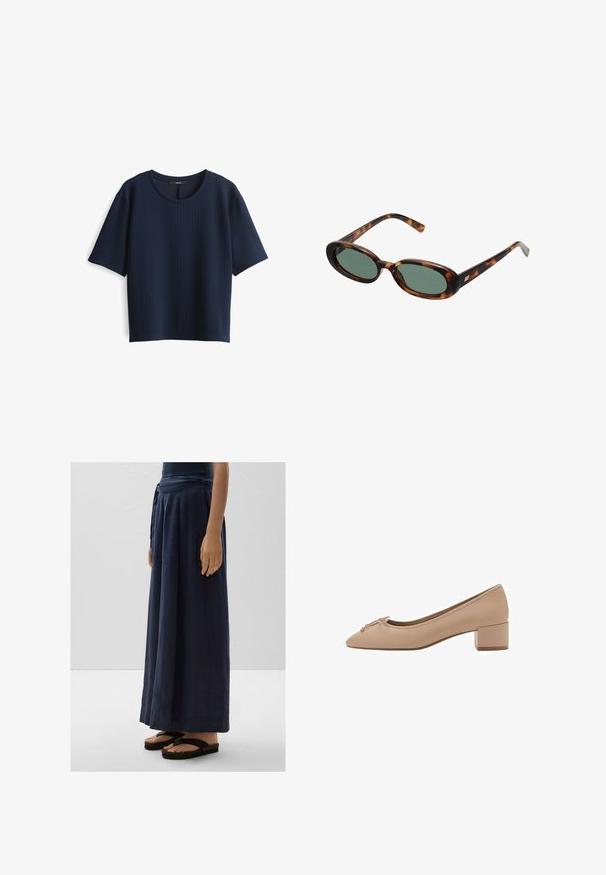Marineblauw T-shirt met korte mouwen van gemercertextiel, met een ronde halslijn en een losse pasvorm. Zacht, geribbeld materiaal met een subtiel patroon.; Marineblauwe wijde broek van lichtgewicht stof met een gestrikt middel. Gecombineerd met zwarte slippers. Glad textuur, enkel lengte.; Beige leren pump met een spitse neus, een klein strikje aan de voorkant en een vierkante lage hak. Gladde textuur met minimale stiksels.; schildpadbril met ovale monturen en groene lenzen. Heeft dunne spijlen met een metalen accent nabij de scharnieren.