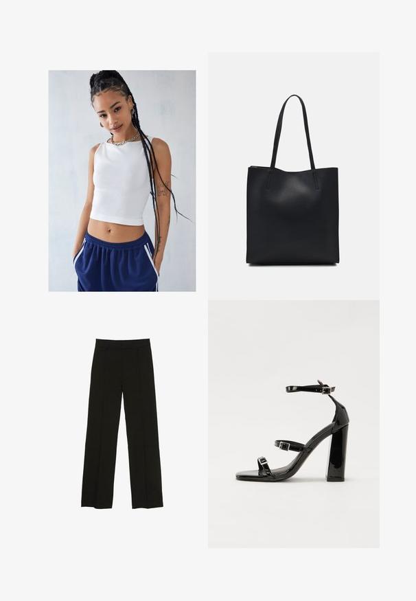 BDG Urban Outfitters SLASH NECK TANK - Top - white; Pantaloni largi negri, confecționați dintr-un material fin, cu un talie ajustată și pliuri frontale subtile pentru un plus de textură.; Sandale cu toc din patent negru, cu vârf pătrat, curele la gleznă și catarame din argint. Dispune de un toc gros pentru stabilitate.; Geantă tote neagră din piele, cu textură netedă, formă rectangulară și două mânere lungi. Fără hardware vizibil sau ornamente.