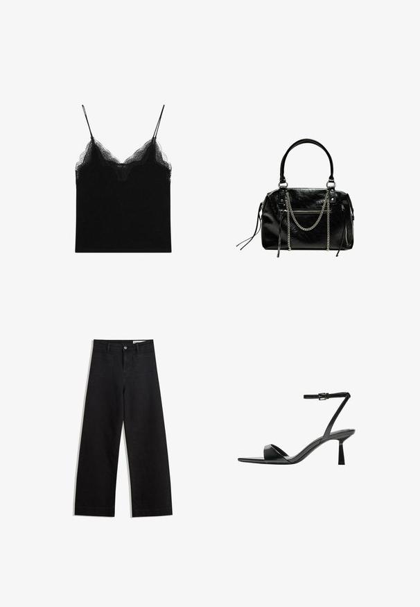 Camisole nera con pizzo, dotata di spalline sottili e regolabili. Tessuto morbido con una texture liscia e una silhouette aderente.; Pantaloni in denim neri a gamba larga con vita alta, dotati di tasche anteriori e posteriori, cuciture a punto, e chiusura con bottone. Texture liscia.; Bershka Sandali con tacco - black; Bershka WITH CHAIN - Borsa a mano - black
